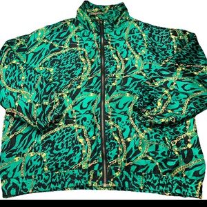 80s 90s Green Black leopard Gold Chains SILK BOMBER zip Up Jacket Women’s XL EVR